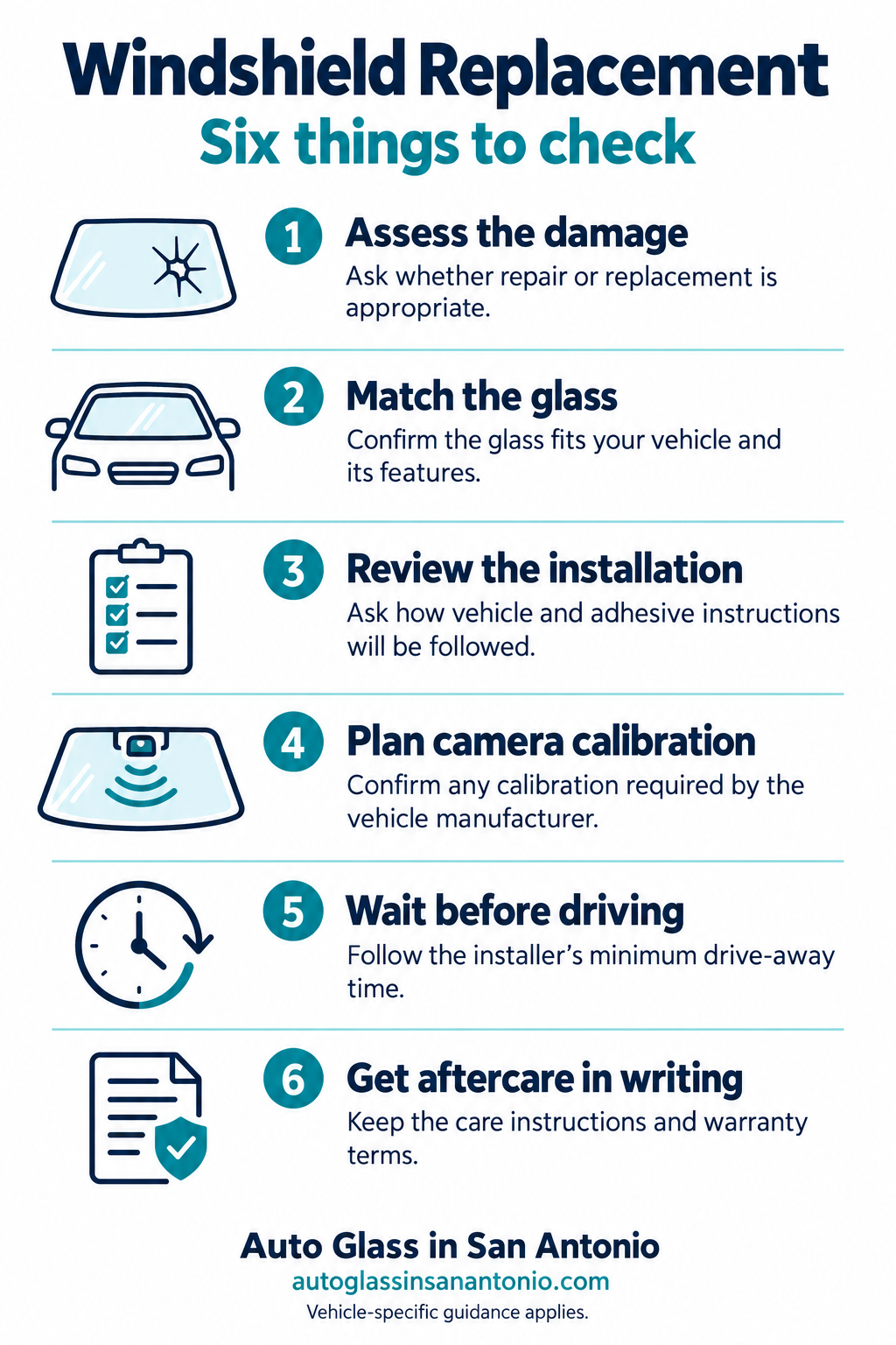 Windshield replacement checklist: assess damage, match the glass, review installation, plan calibration, follow drive-away time and get written aftercare.